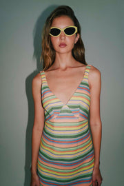 Tropical Stripe V Front Mini Dress - Multi Colour