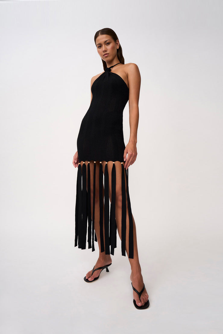 Tiled Picot Beaded Knit Midi Dress | Final Sale - Black