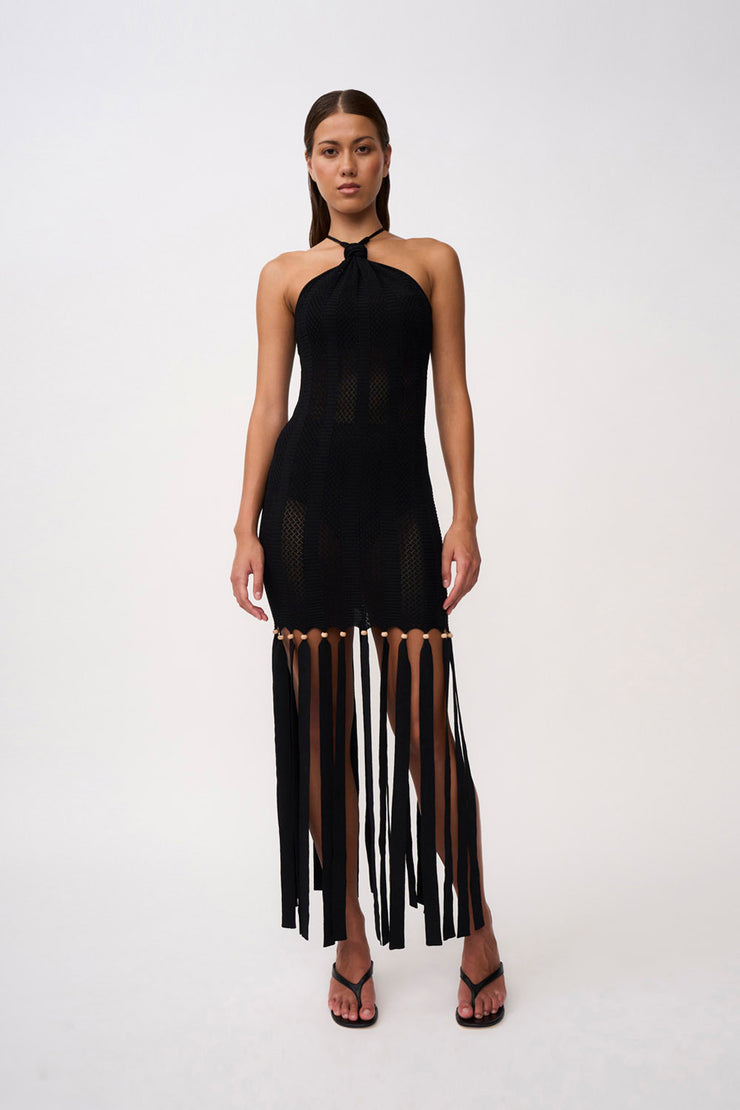 Tiled Picot Beaded Knit Midi Dress | Final Sale - Black