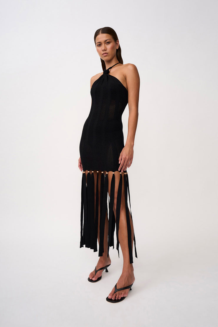 Tiled Picot Beaded Knit Midi Dress | Final Sale - Black