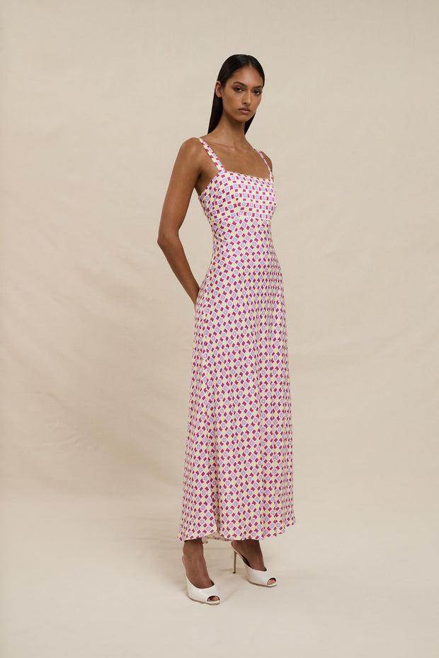 Zinnia Geo Bias Midi Dress - Lilac Yellow Berry