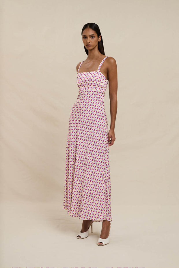 Zinnia Geo Bias Midi Dress - Lilac Yellow Berry