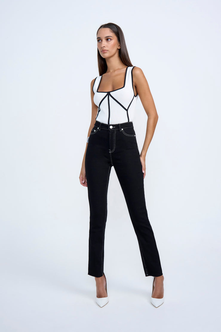 Calina Contrast Knit Top - White Black