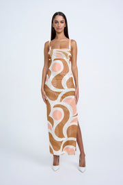 Geo Maze Mesh Midi Dress | Final Sale  - Brown Ivory Orange