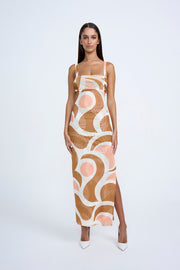 Geo Maze Mesh Midi Dress | Final Sale  - Brown Ivory Orange