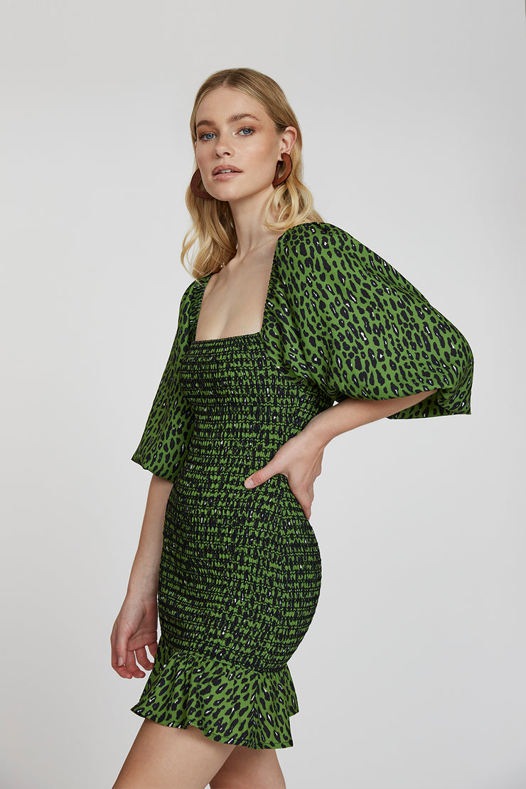 Lime Skin Leopard Mini Dress | Final Sale - Green