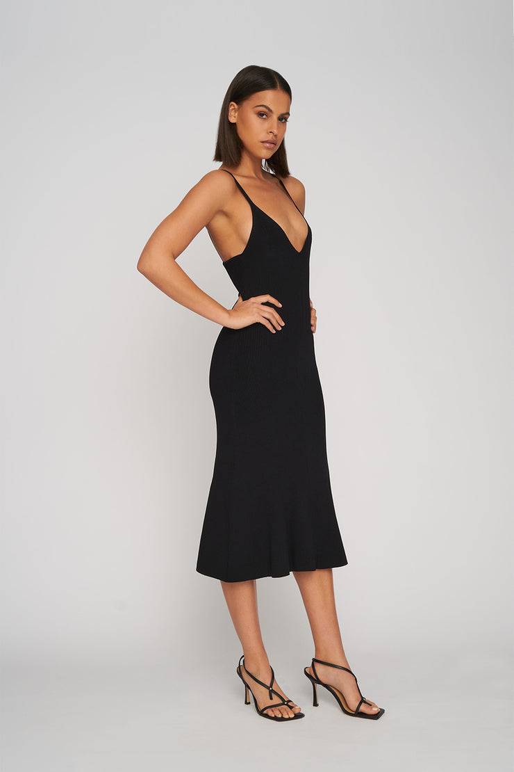 V Flare Knit Midi Dress | Final Sale - Black